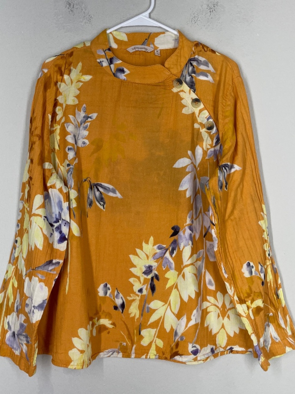 Soft Surroundings Blouse Women's XL Yellow Floral Long Sleeve Cotton Buttons